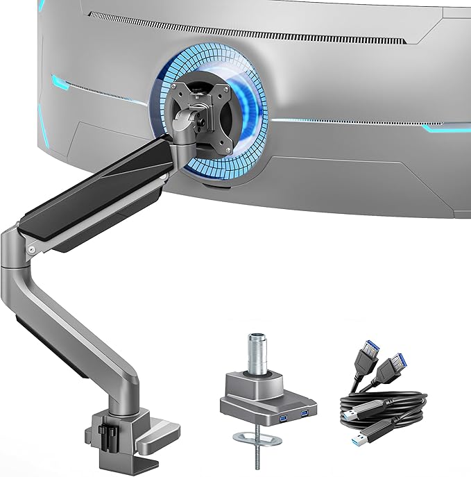 ARES WING Single Monitor Arm, Heavy Duty Adjustable Monitor Arm for 13"-49" Screens with USB, Gas Spring Desk Mount Stand with C Clamp/Grommet Mounting Base up to 40lbs Computer, Gray