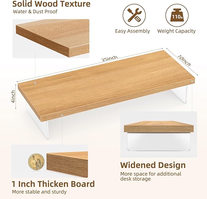 Monitor Stand Riser, Wood & Acrylic Computer Monitor Stand Desk Desktop Organizer Table for Home, Office Workspace, Laptop Riser, Printer, PC & TV Screen Riser