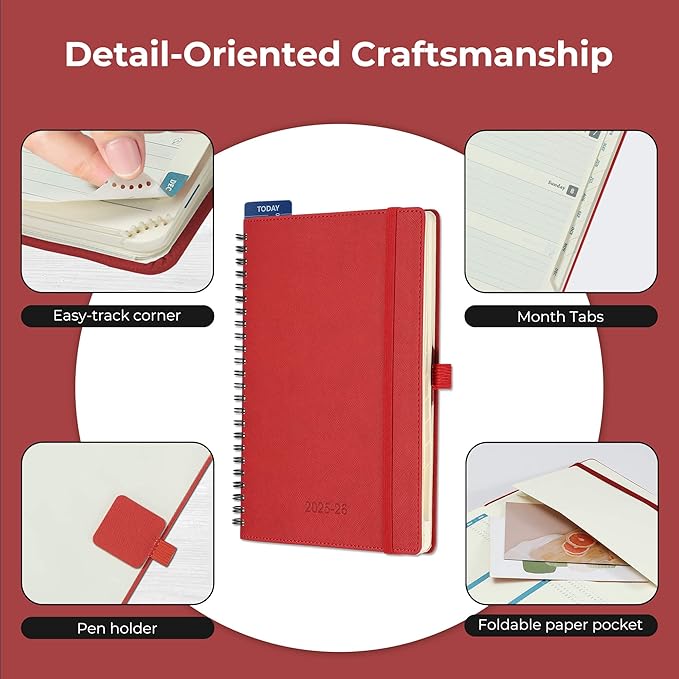 Planner 2025-2026 Daily Weekly and Monthly,8.5"x6.5",18 Months Spiral Bound Calendar Agenda with Self-adhesive Pen Holder,2026 Academic Plan with Vegan Leather Soft Cover,Red