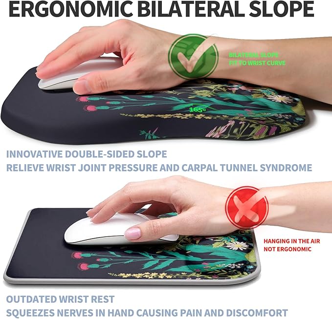 Ergonomic Raised Mouse Pad Wrist Support with Bilateral Slope Memory Foam Mousepad for Wrist Rest and Carpal Tunnel Pain Relief 11.8x7.9〃Midnight Flowers
