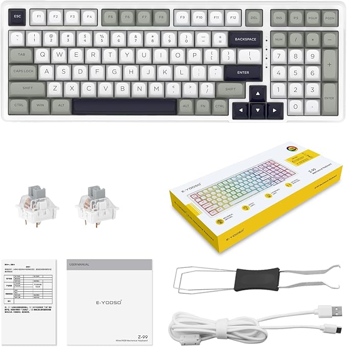 HUO JI Z-99 Wired Mechanical Keyboard, Creamy Sound, Hot Swappable Pre-lubed Linear Switches, Gasket Structure with Sound Dampening Foam, RGB Backlit, 99 Keys Custom Gaming Keyboard for PC/Mac,Gray