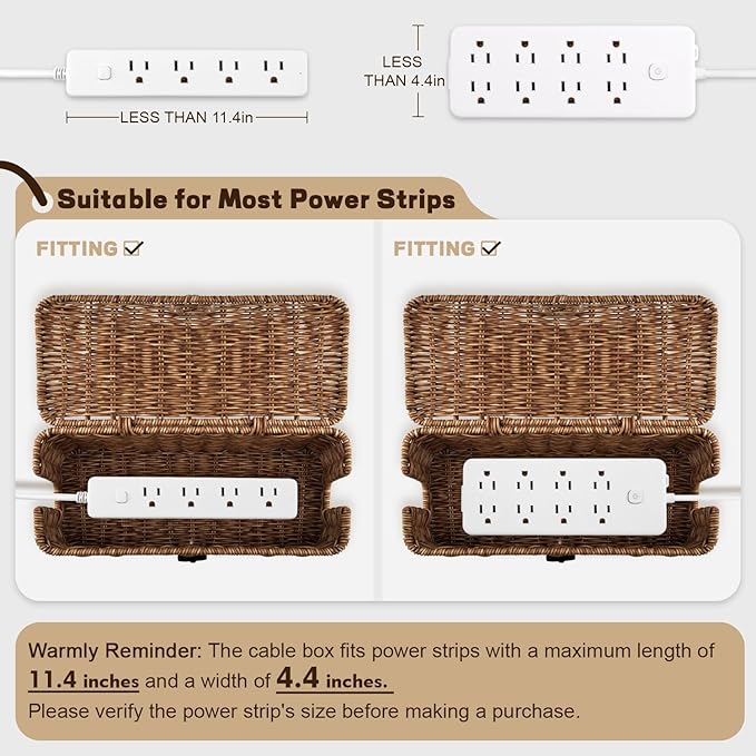 Handmade Cable Management Box – Stylish & Functional Cable Organizer with 2 Open Slots for Home & Office, TV Wires Computer Router USB Hub & Power Strip Rattan Cord Hider Box (Brown)