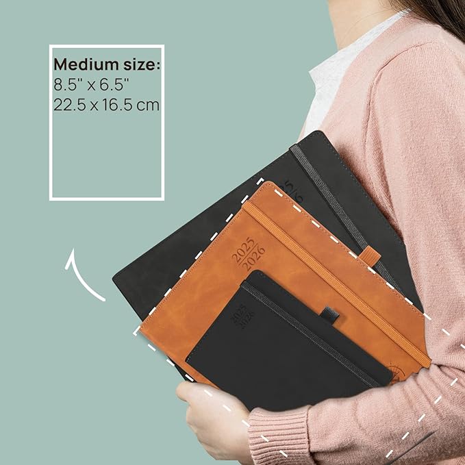 POPRUN Planner 2025-2026 Weekly Notebook (Medium 6.5''x 8.5'') Academic Calendar (JUL.25 - JUN.26) Appointment Book with Monthly Tabs, Leather Soft Cover, Inner Pocket, 100 GSM - Brown