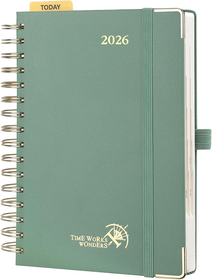 POPRUN 2026 Daily Planner One Page A Day - [8.5" x 5.75" Wire-Bound Hard Cover] Agenda 2026 Hourly Appointment Book with Monthly Calendar, Inner Pocket, Ivory Paper - Midnight Green