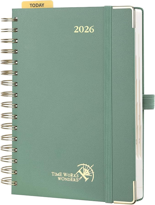 POPRUN 2026 Daily Planner One Page A Day - [8.5" x 5.75" Wire-Bound Hard Cover] Agenda 2026 Hourly Appointment Book with Monthly Calendar, Inner Pocket, Ivory Paper - Midnight Green
