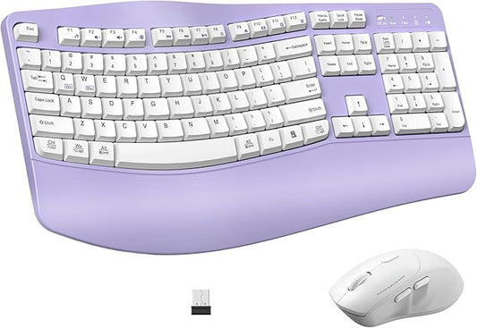 Ergonomic Wireless Keyboard and Mouse Combo, Wave Keys Keyboard with Wrist Rest for Natural Typing, 3 DPI Adjustable Ergonomic Silent Mouse for Computer/Laptop/Windows/Mac (Purple)