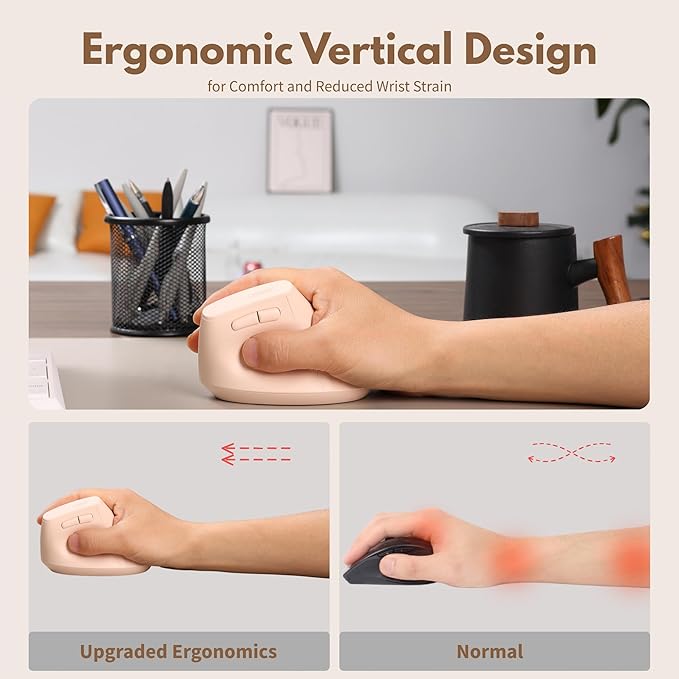 Vertical Mouse Wireless, 2.4G Rechargeable Mouse with Battery Indicator,4 Level DPI,Ergonomic Design for Comfort and Reduced Wrist Strain, Ideal for Home,Office Use (Pink)