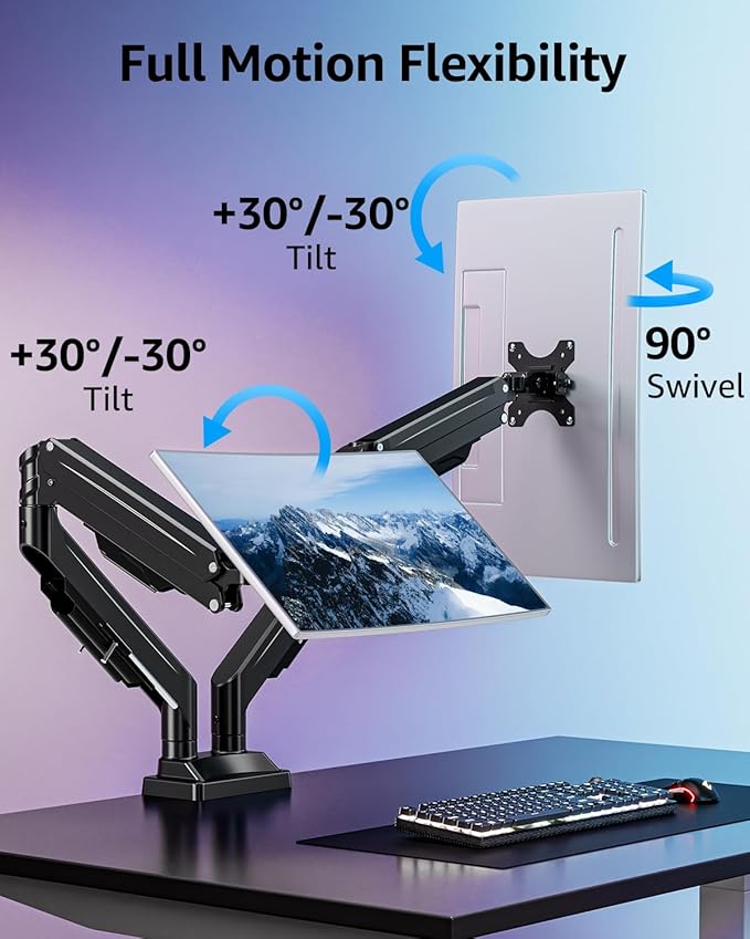 MOUNTUP Dual Monitor Stand for Max 43 inch Screens, Ultrawide Monitor Arm Height Adjustable, Heavy Duty Dual Monitor Mount, Full Motion Premium Gas Spring Arm, Holds 2.2 to 33 lbs, VESA Desk Mount