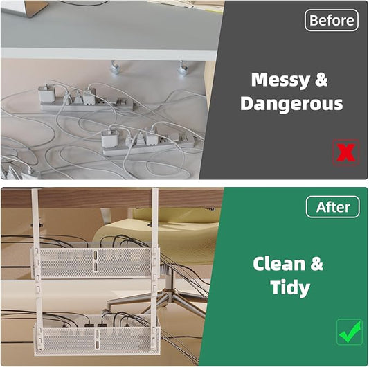 Multi-Model Under Desk Cable Management 2 Pack Metal Under Desk Wire Management Tray Clamp Mount Under Table Cord Management No Damage The Desk White