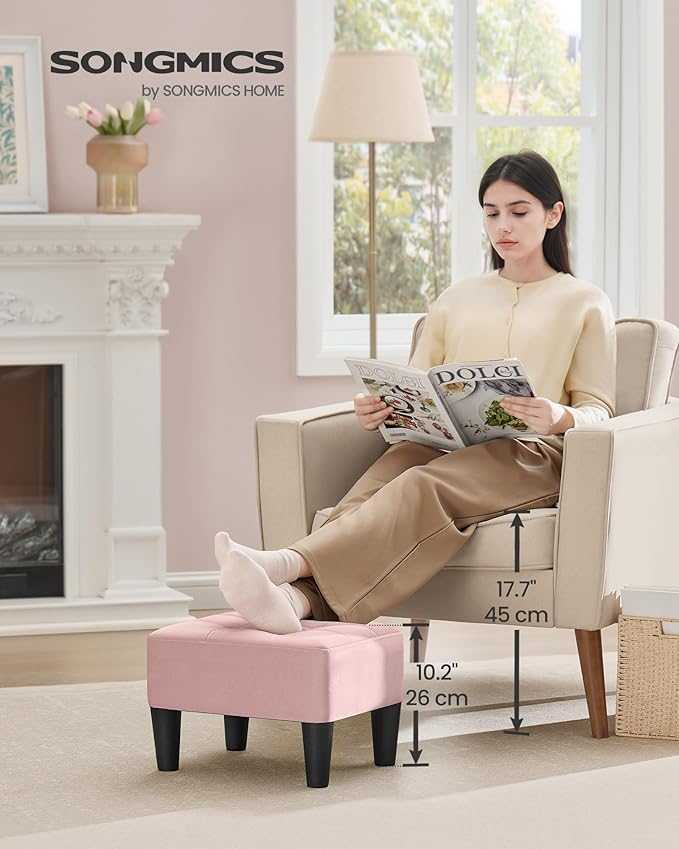 SONGMICS Foot Stool with Legs, Small Footstool Ottoman, Velvet Seat with Thick Cushion, for Living Room, Bedroom, Entryway, 330 lb Weight Capacity, Jelly Pink ULOM501R01