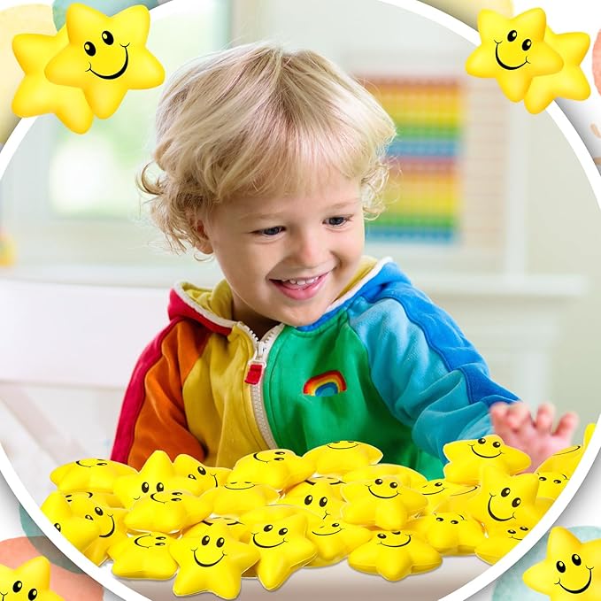 Kasyat 100 Pcs Star Smile Face Stress Balls Bulk 2.2 Inch Mini Foam Smile Ball Yellow Small Stress Relief Toy for School Reward Student Prizes Birthday Party Favor