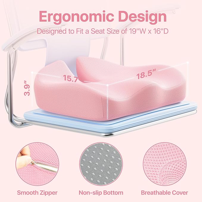Seat Cushion, Extra Large Memory Foam Cushion for Office Chair Cushions, Ergonomic Cushions Pad Pillow for Pressure Relief Sciatica & Pain Relief for Long Sitting, Pink