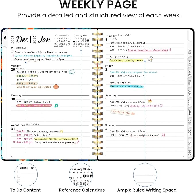 2026 Planner, Monthly and Weekly Calendar Planner for Women, January 2026 - December 2026, Hardcover Pretty 2026 Agenda Planner Book with Tabs, Spiral Bound, Perfect for School Office Home Supplies, 6.3" x 8.5" - Majestic Peacock