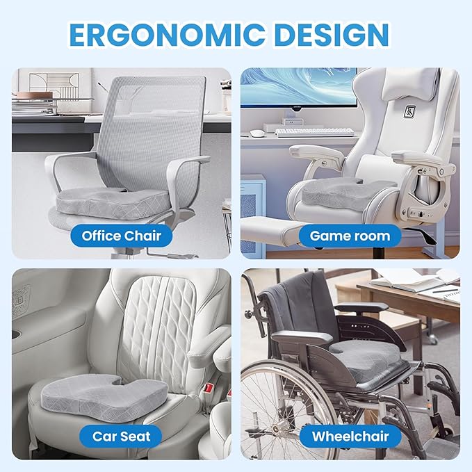 TushGuard Office/Car Seat Cushion, Non-Slip Sciatica & Back Coccyx Tailbone Pain Relief Chair Pad, Memory Foam Butt Pillow for Computer Desk, Wheelchair, Driving (Light Grey, X-Large)