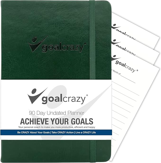 Undated Planner - 90 Day Guided Journal, 2025 2026 Weekly Organization, Productivity Habit Tracker, Inspirational, Life Setting, Leather, Almond Pages Forest Green