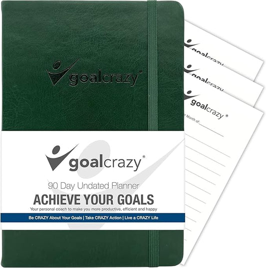 Undated Planner - 90 Day Guided Journal, 2025 2026 Weekly Organization, Productivity Habit Tracker, Inspirational, Life Setting, Leather, Almond Pages Forest Green