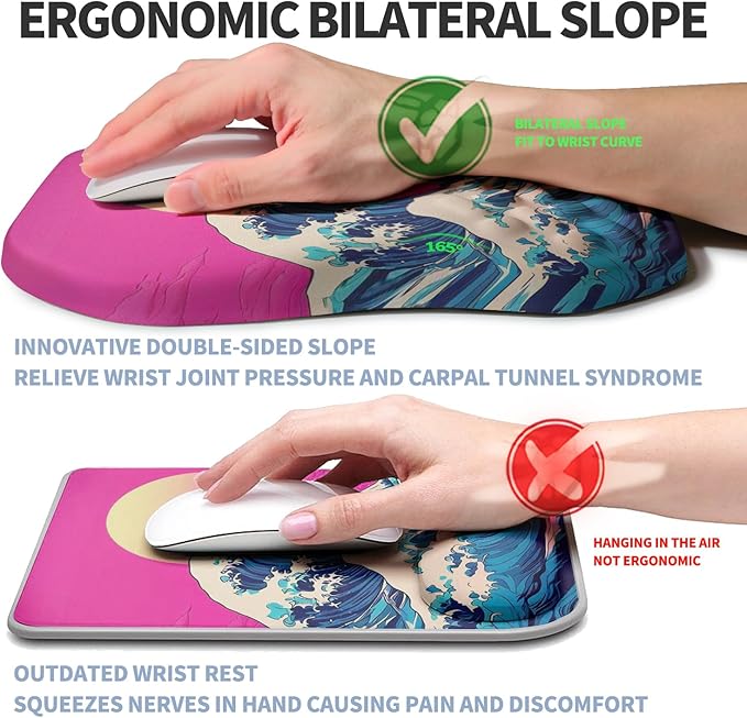 Ergonomic Raised Mouse Pad Wrist Support with Bilateral Slope Memory Foam Mousepad for Wrist Rest and Carpal Tunnel Pain Relief 11.8x7.9〃Twilight Waves