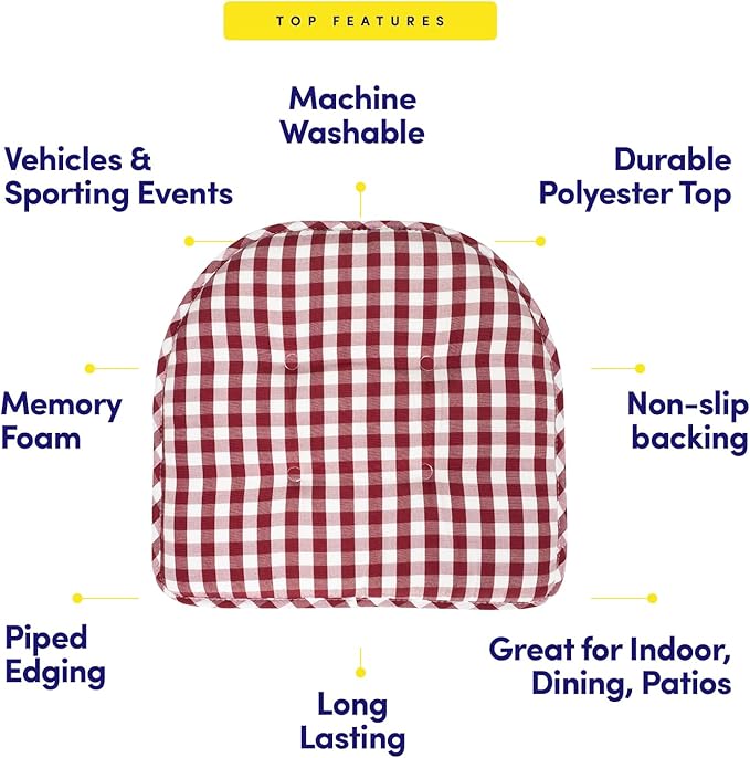 Sweet Home Collection Chair Cushion Memory Foam Pads Tufted Slip Non Skid Rubber Back U-Shaped 17" x 16" Seat Cover, 12 Pack, Checkered Wine/White