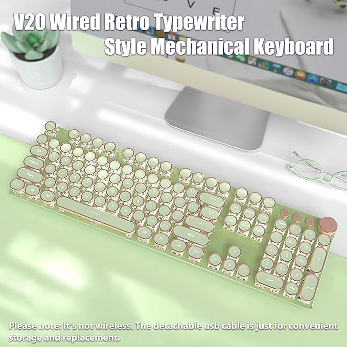 Typewriter Style Mechanical Gaming Keyboard White LED Backlit 104-Key NKRO Pink Switches Retro Round Keycaps Golden Ring Volume Knob Metal Panel Wired USB-C Detachable Cable, Matcha Green