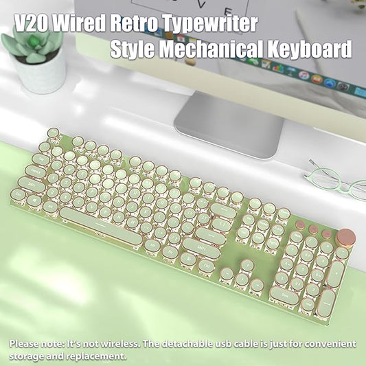 Typewriter Style Mechanical Gaming Keyboard White LED Backlit 104-Key NKRO Pink Switches Retro Round Keycaps Golden Ring Volume Knob Metal Panel Wired USB-C Detachable Cable, Matcha Green