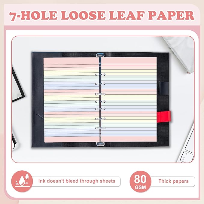Colored Loose Leaf Paper 5.5" x 8.5" 7-Hole Lined Filler Paper College Ruled Notebook Refill Pad Pastel Colored Lined Refills Hole Punched Notebook Refills for 3 or 7 Ring Binders (100)