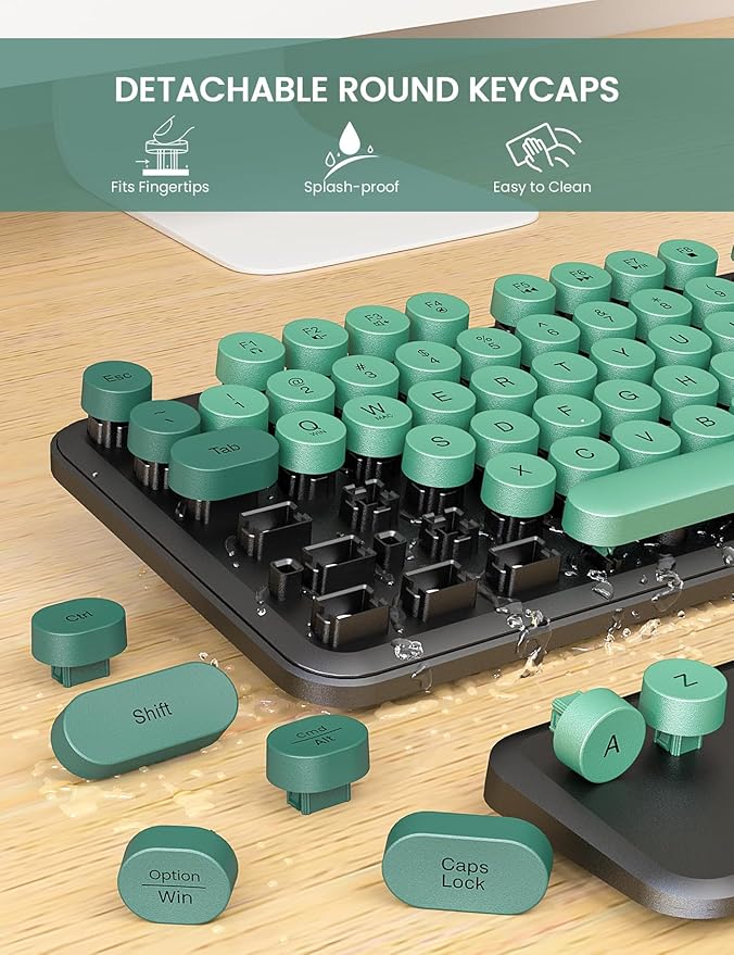 Wireless Keyboard and Mouse Combo - Cute Typewriter Keyboard with Detachable Wrist Rest, Retro Round Keycaps, Foldable Legs, 2.4GHz Keyboards for PC Laptop, Mac, Windows - Trueque (Black and Green)