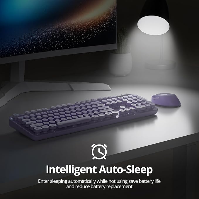 GTSP Colorful Purple Wireless Keyboard and Mouse Combo, Retro Typewriter Wireless Full-Size Cute Office Keyboard 2.4GHz with Round Keycaps for Desktop Laptop and PC (Cute Purple)
