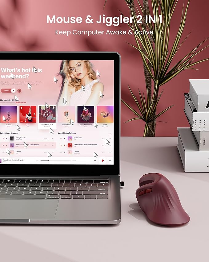 seenda Ergonomic Vertical Mouse with Jiggler - Bluetooth + 2.4G USB Multi Device, Wireless Ergo Mice, Jiggler Mouse Mover for Laptop/PC/Notebook, Computer Mice for Windows, Mac OS (Wine Red)