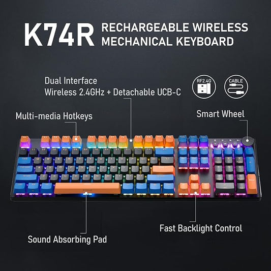 iRocks K74R Wireless RGB Illuminated Mechanical Gaming Keyboard, Hot-Swappable Switches, Floating Design, PBT 107 Keys NKRO, Detachable USB-C Cable - Midsummer Black (Brown Switches)