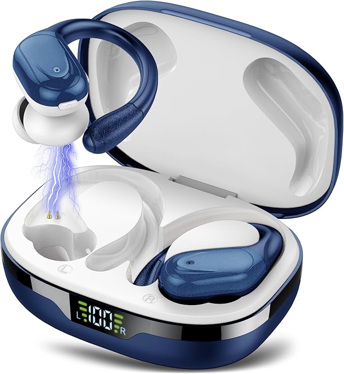 Ear buds Wireless Earbuds Bluetooth 5.3 Headphones 60hrs Playtime with Digital Display Sports Wireless Headphones with Earhook Deep Bass IPX7 Waterproof Over-Ear Earbuds for Android iOS Workout Blue