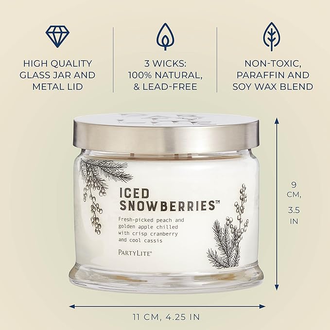 PartyLite Iced Snowberries Scented, Notes of Apple, Cassis, Cranberry, Peach, Strawberry, Berry, Vanilla & Musk,13.2oz 3-Wick Jar Candle, 45 Hour Burn Time, Luxurious Fragrance, Perfect for Gifting