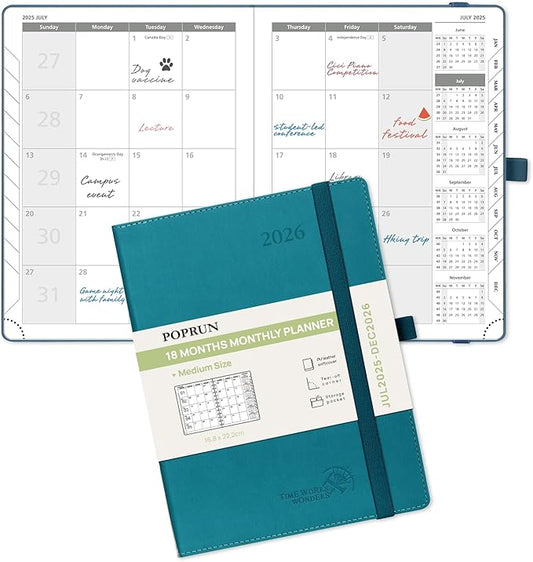 POPRUN Monthly Planner 2025-2026 (Medium- 6.5'' x 8.5'' Soft Cover), 18-Month Calendar Book (Jul.2025-Dec.2026), Calendar Planner with Monthly Tabs & Pocket, 100 GSM Paper - Pacific Green