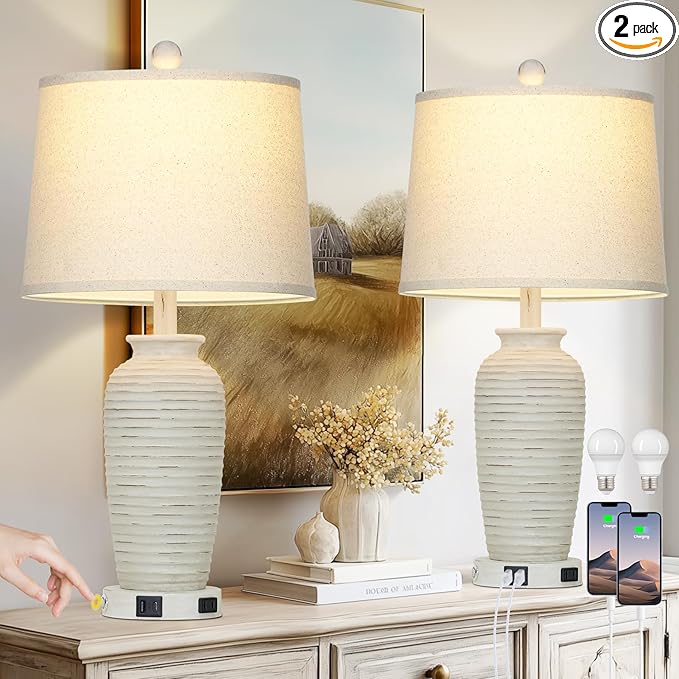 25" Retro White Farmhouse Jar Table Lamps Set of 2, 3 Way Touch Control Rustic Bedside Lamps with USB A+C Ports & AC Outlet, Pot Nightstand Lamps for Bedroom Living Room (LED Bulbs Included)
