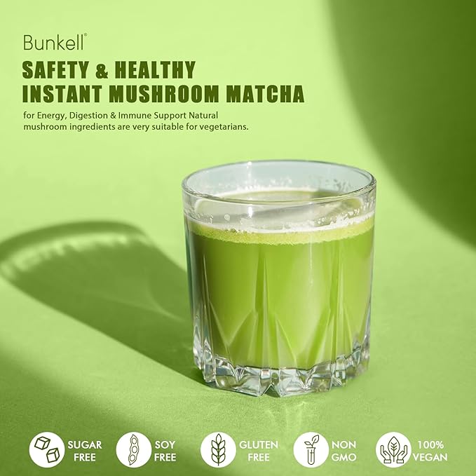 Bunkell Mushroom Matcha, Adaptogenic 6 Mushrooms Mix w/Japanese Matcha, Ceremonial Powder Blend with Lion's Mane, Reishi, Cordyceps & Shiitake for Energy, Focus & Immune Support, 30 Servings 1 Pack