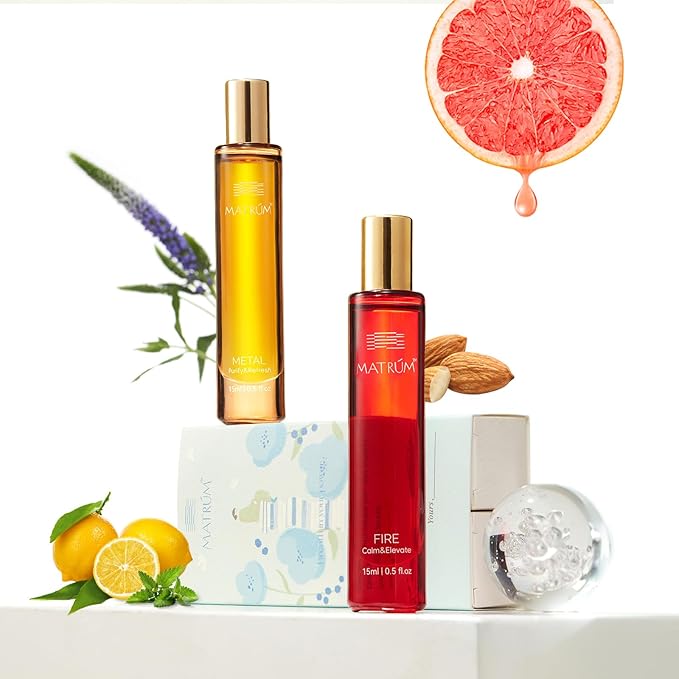 MATRUM Mental Clarity Essential Oil Roller Set Refresh and Elevate | Fire and Metal Element | Graperuit, Cinnamomum Leaf, Sweet Marjoram, Black Pepper, Lemon, Tea Tree, Frankincense, Mentholum