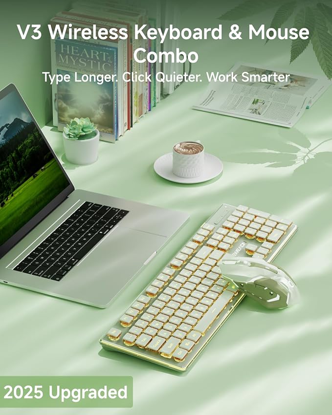 V3 Wireless Keyboard and Mouse with Single Backlit, Metal Panel, Bluetooth/2.4G Rechargeable Silent Keyboard and Mouse Combo Light up Full Size Cute Keyboards-Green