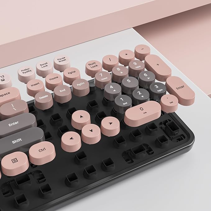 Guffercty kred Colorful Plum Wireless Keyboard and Mouse Combo, Retro Typewriter Wireless Full-Size Cute Office Keyboard 2.4GHz with Round Keycaps for Desktop Laptop and PC (Dark Plum)