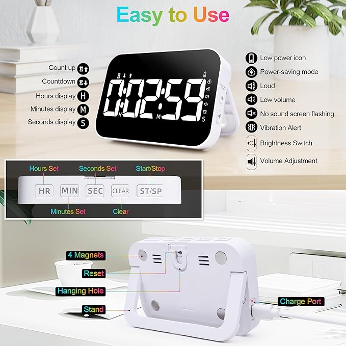 Kitchen Digital Timer, Rechargeable Magnetic Timers with Countdown/up, Kids Timer with 5”LED Display 3 Brightness 4 Volume Adjustable for Classroom/Office/Home/Work/Study/Fitness/Game-White
