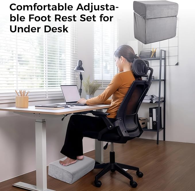 Adjustable Foot Rest Under Desk, Ergonomic Foot Support Cushion, Under Desk Ottoman with Washable Cover, Anti-Slip Design, Ideal for Office, Work, and Home Use (Gray)