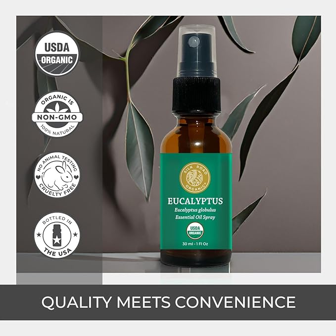 Silk Road Organic Eucalyptus Essential Oil Spray, 100% Pure USDA Certified Aromatherapy - Congestion, Colds, Cough, Sinus, Allergies & Skin Care – 1 Oz Spray