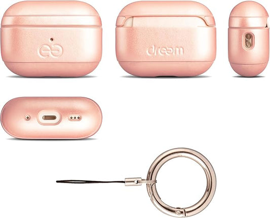 Dreem Om Case Cover with Keychain Clip Compatible with AirPods Pro 2/Pro, Protective One-Piece Hard Shell, Luxury Vegan Leather AirPod Pro Case 2nd/1st Generation with Separate Clip [Rose]