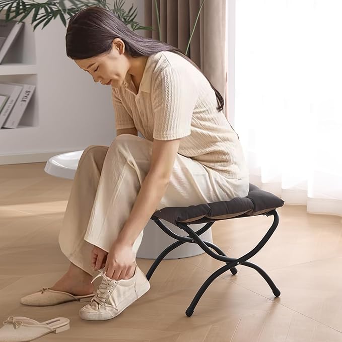 Welnow Folding Foot Stool, Upholstered Small Accent Ottoman with Detachable Thick Cotton Cushion Padded Sofa Stool and Metal Frame for Lazy Chair, Living Room, Bedroom, Dark Grey