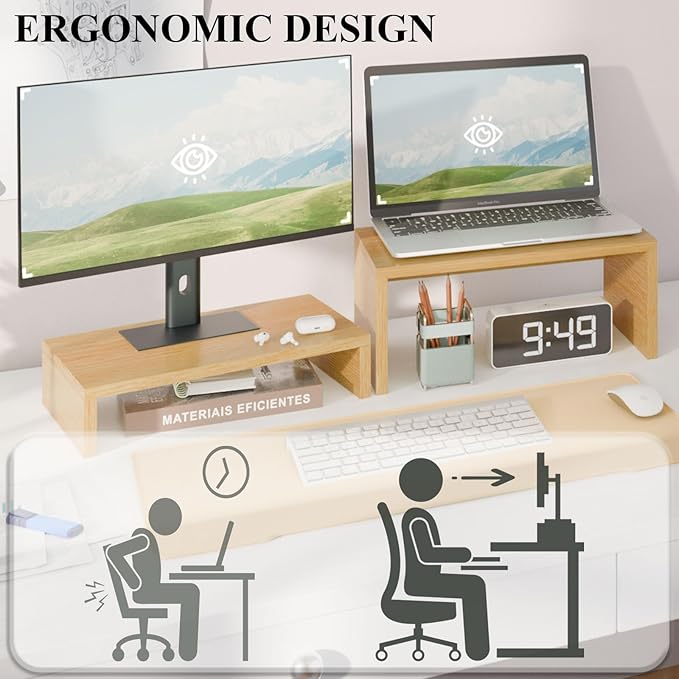 TEAMIX Pull Out Monitor Stand Riser-2 Pack,Wood 2 Tier Adjustable Monitor Stand Dual Monitor Riser for 2 Monitors/Laptop/PC Computer Stand Desktop Space Saver…