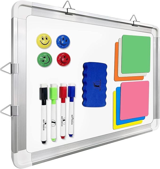 Whiteboard Set - White Board 15 x 12 in with 1 Dry Erase Eraser, 4 Dry Wipe Markers, 4 Magnets and 6 Magnetic Labels - Small Wall Hanging Reminder Magnetic Board for Home, Office, Cubicle and Desk