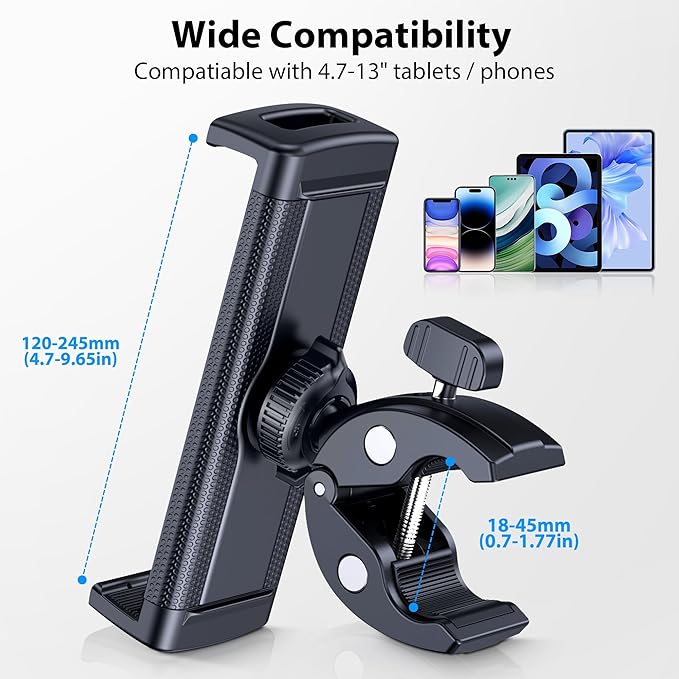 Tablet Holder Mount for Spin Bike, Tablet Clamp for Treadmill, Indoor Stationary Bike, Stroller, Peloton, Gym Trainer Handlebar Stand Fit for iPad Pro/Air/Mini, Galaxy Tabs, Phones, 4.7-13"