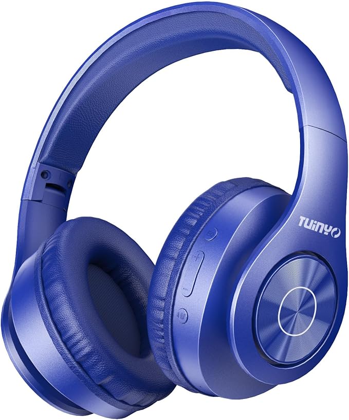 TUINYO Bluetooth Headphones Wireless, Over Ear Stereo Wireless Headset 40H Playtime with deep bass, Soft Memory-Protein Earmuffs, Built-in Mic Wired Mode PC/Cell Phones/TV-Dark Blue