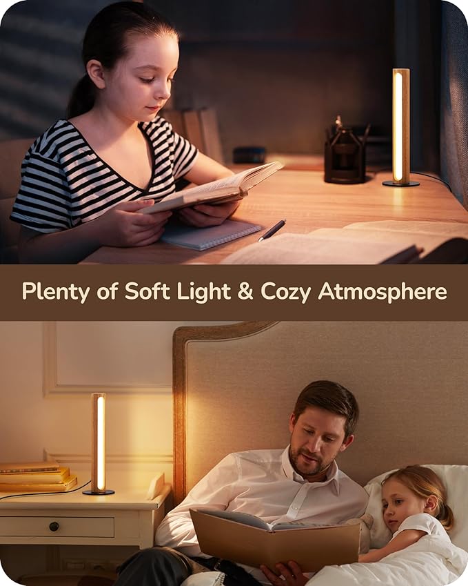 EDISHINE LED Table Lamp, Small Wood Bedside Lamp with Stepless Dimmable & Memory Function, 3 Color Temperature, One-Step Installation, Touch Switch, Modern Nightstand Lamp for Living Room, Bedroom