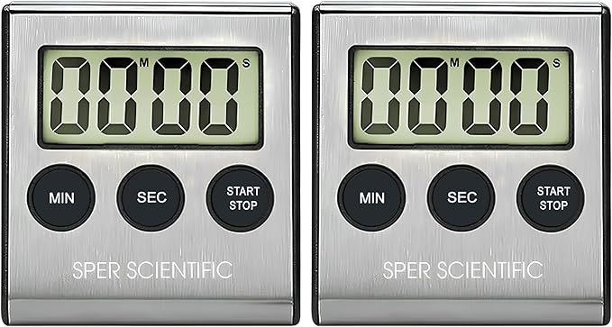 Sper Scientific Stainless Steel Digital Lab + Kitchen Timer 810028A – Compact Design Timer with Large Display & Loud Alarm - for Cooking, Baking, Labs, Workouts & More - 2 pc