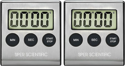 Sper Scientific Stainless Steel Digital Lab + Kitchen Timer 810028A – Compact Design Timer with Large Display & Loud Alarm - for Cooking, Baking, Labs, Workouts & More - 2 pc