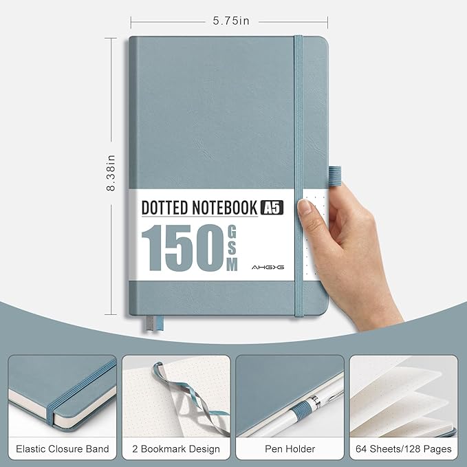 AHGXG Bullet Dotted Journal - 150 GSM Dot Grid Notebook Journal, Thick Acid-Free Paper, A5 Dotted Notebook 128 Pages, Leather Hardcover, Inner Pocket, Journal Stencil, 5.7'' × 8.3'' - Gray Blue
